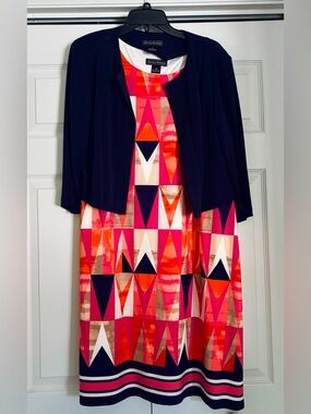Jessica Howard Multicolor Geometric Pink Orange Navy Dress with Navy Jacket